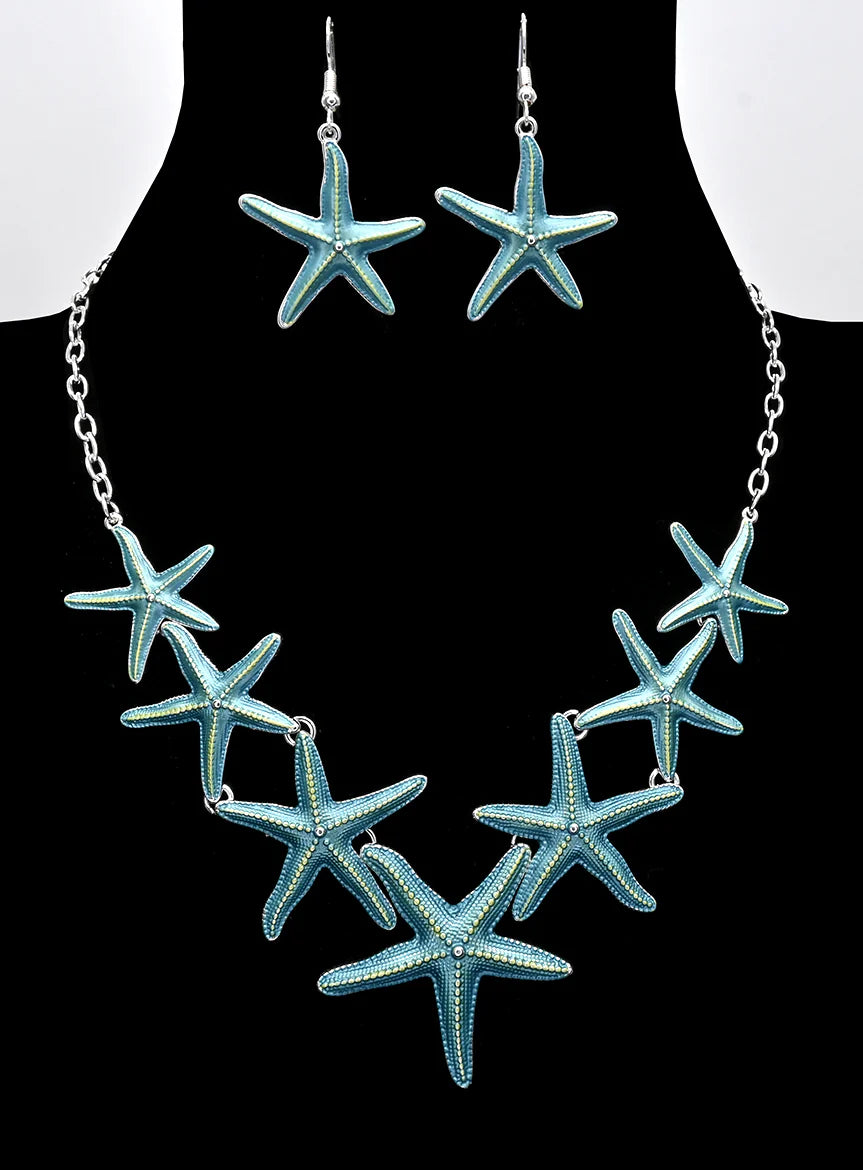 Collier et boucles d'oreilles étoiles de mer - ton turquoise