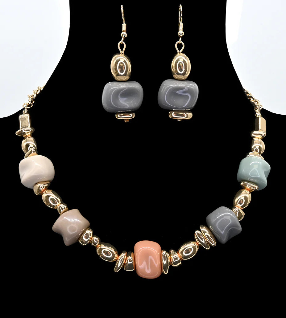 Long beaded necklace and stud earrings set – Elegant silver or gold-plated set