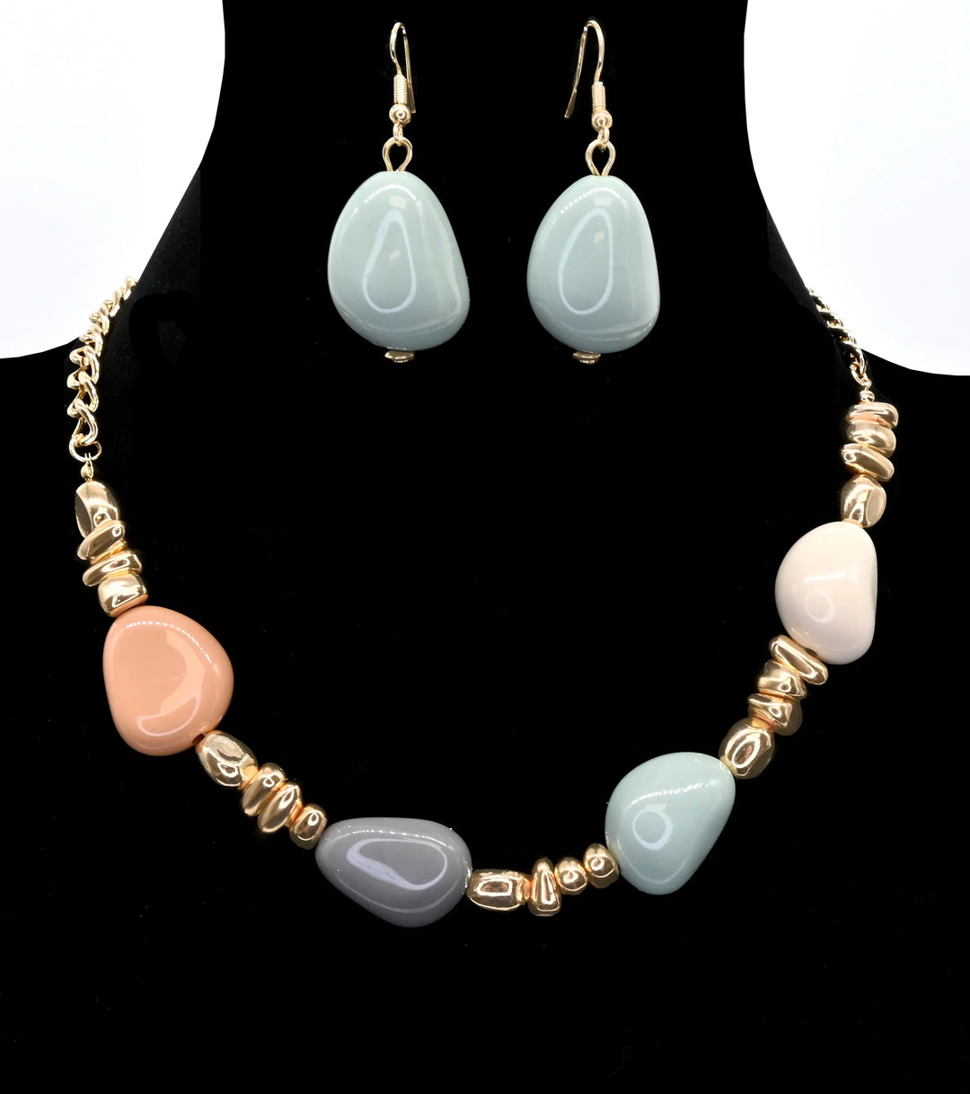 Parure collier long perles goutte – Ensemble argenté ou doré