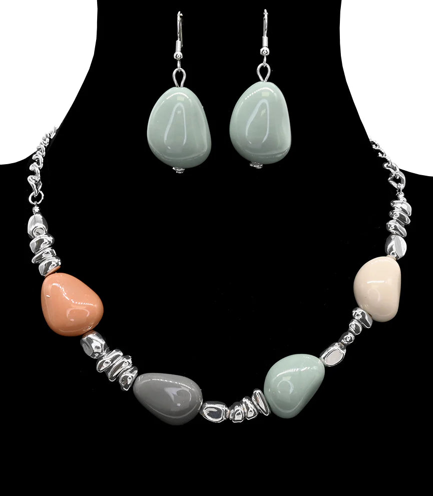 Parure collier long perles goutte – Ensemble argenté ou doré