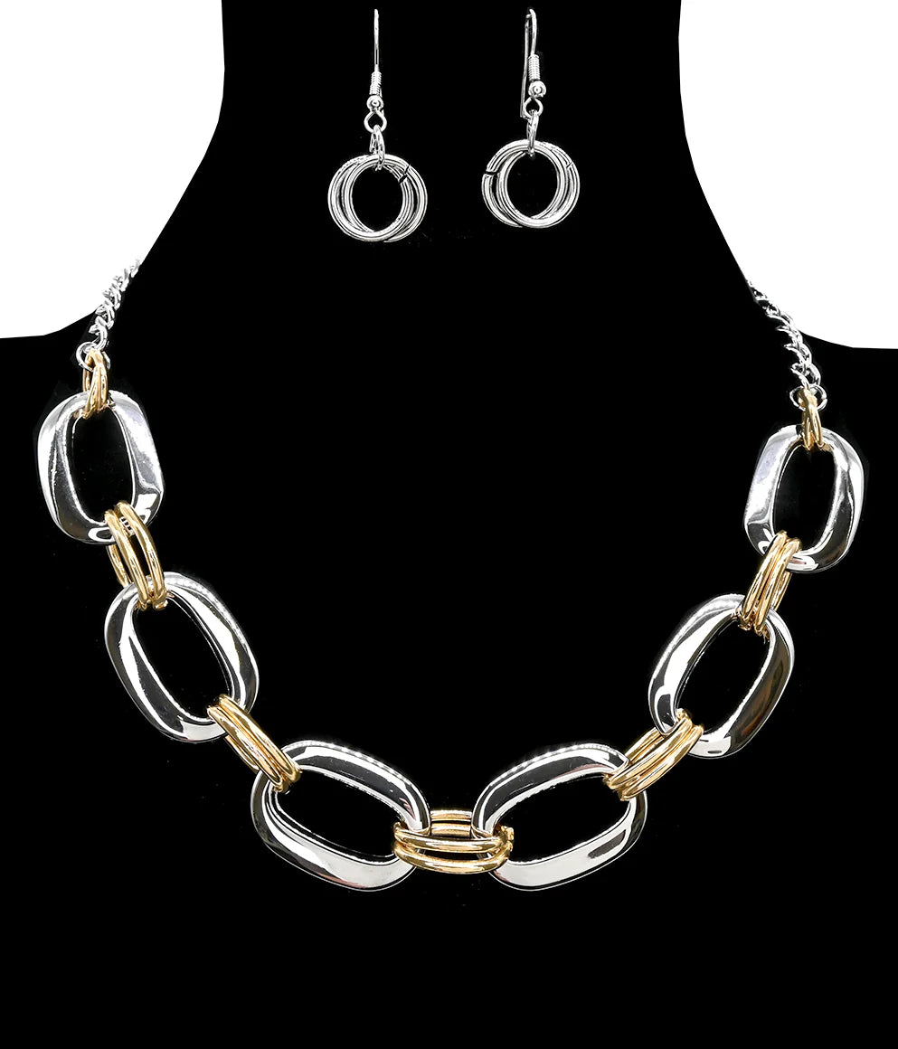 Parure collier cercles ovales – Chaîne graphique argentée et dorée