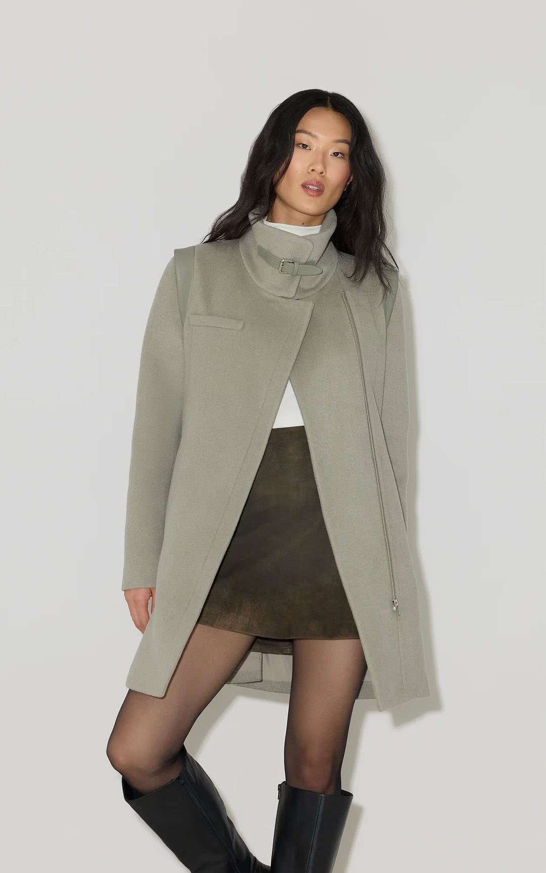 Manteau en laine Kiana - Hybride à col moutonné et détails en cuir