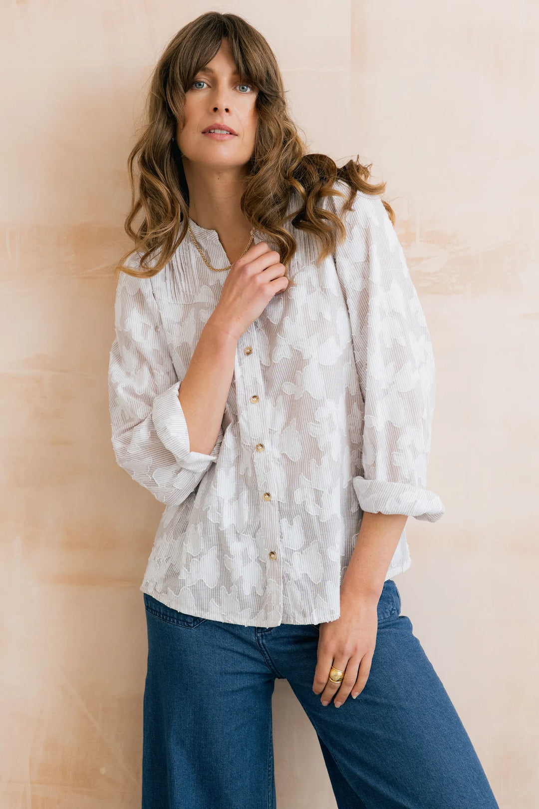 Blouse en jacquard 100% coton Poplar - À rayures tonales et fleurs tissées