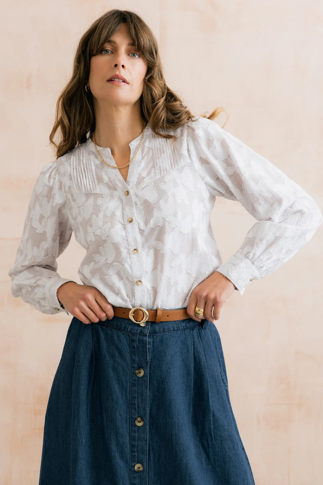Blouse en jacquard 100% coton Poplar - À rayures tonales et fleurs tissées