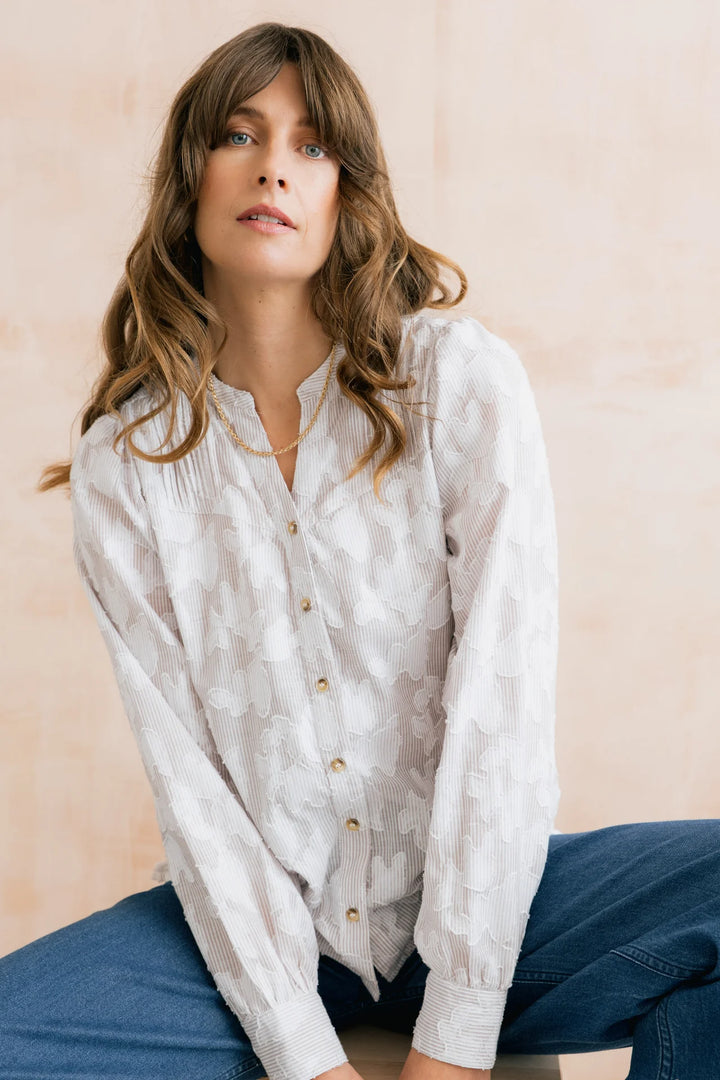 Blouse en jacquard 100% coton Poplar - À rayures tonales et fleurs tissées