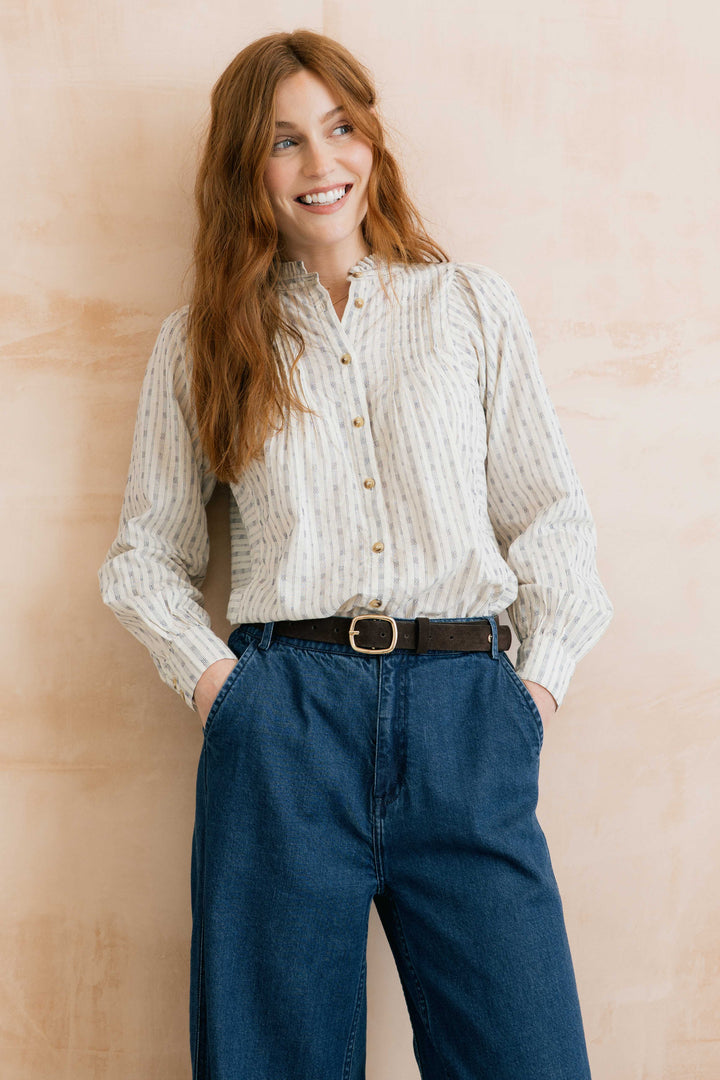 Blouse boutonné à rayures géométriques et broderies Flora - En pur coton