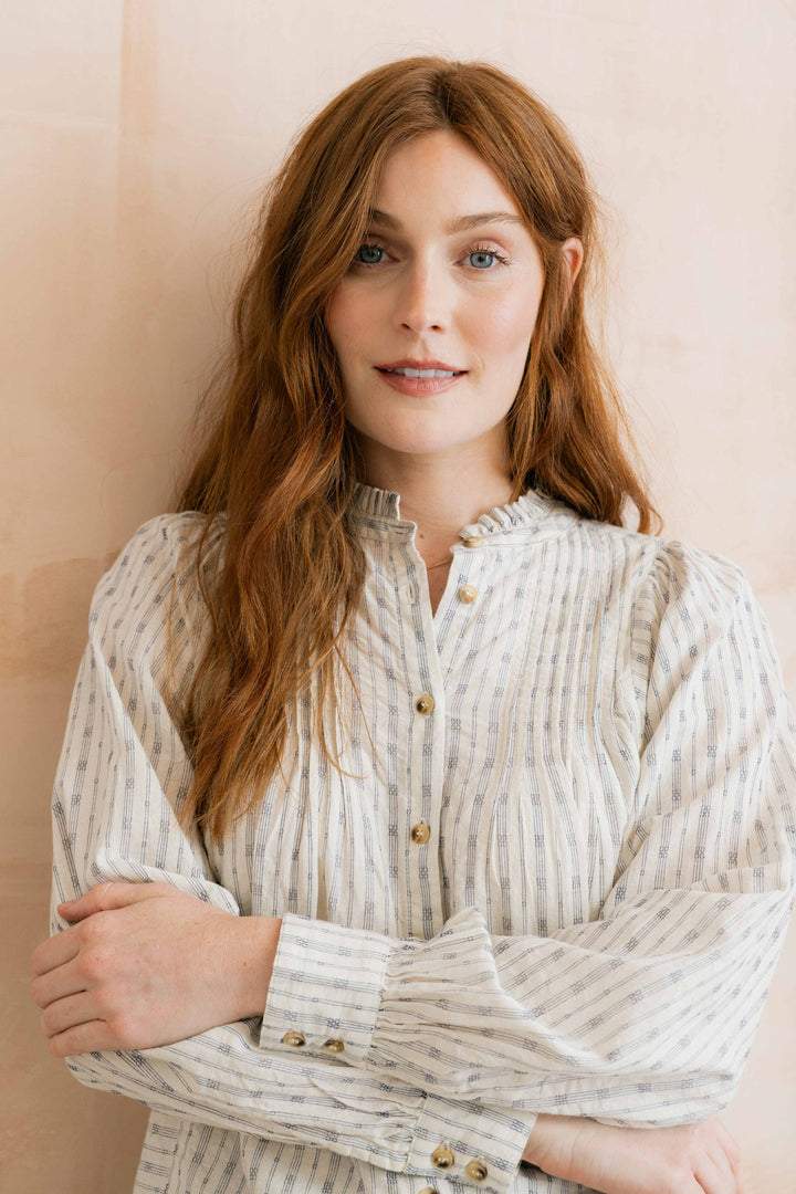 Blouse boutonné à rayures géométriques et broderies Flora - En pur coton