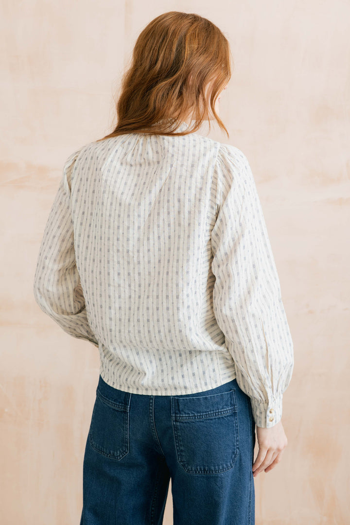 Blouse boutonné à rayures géométriques et broderies Flora - En pur coton