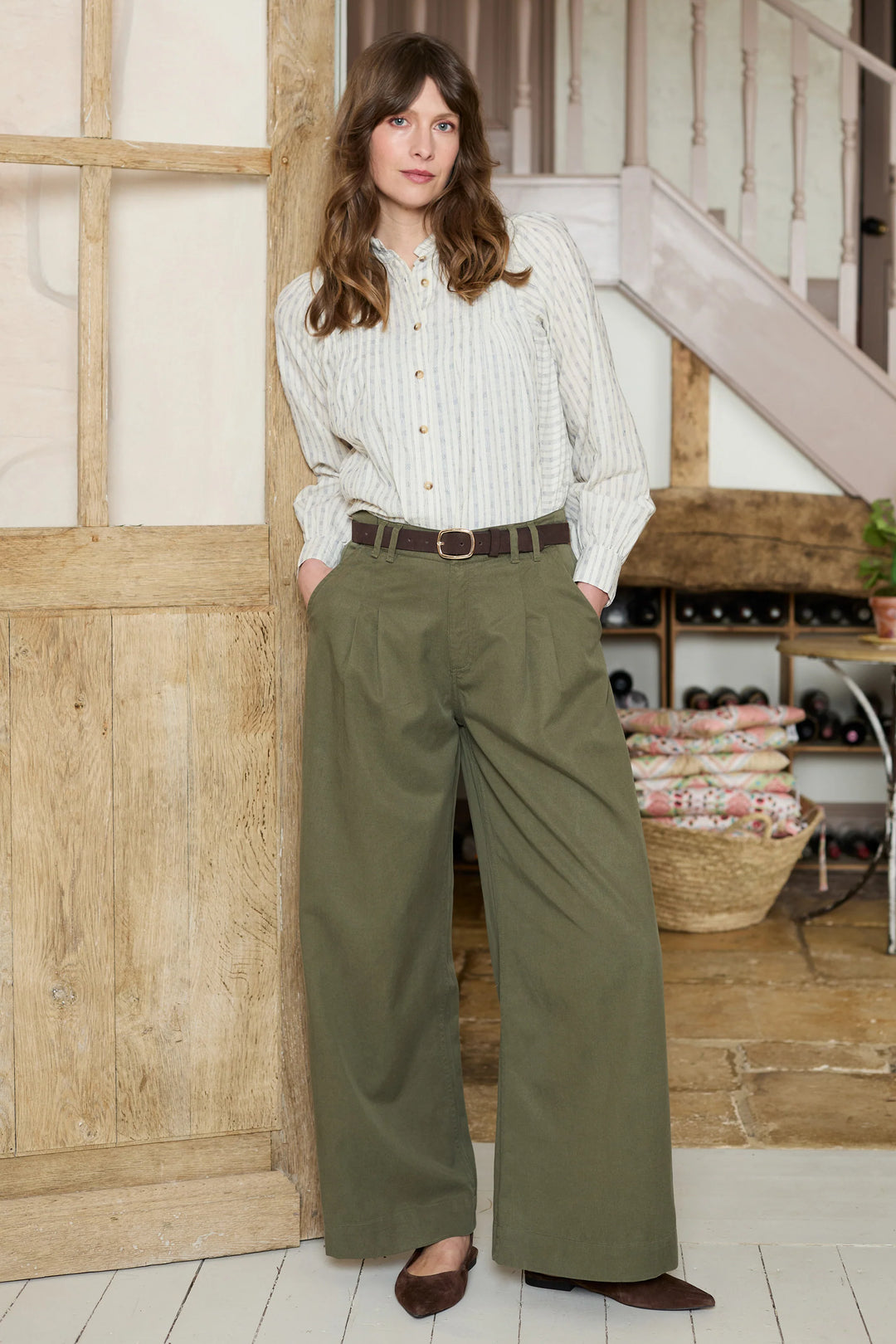 Blouse boutonné à rayures géométriques et broderies Flora - En pur coton