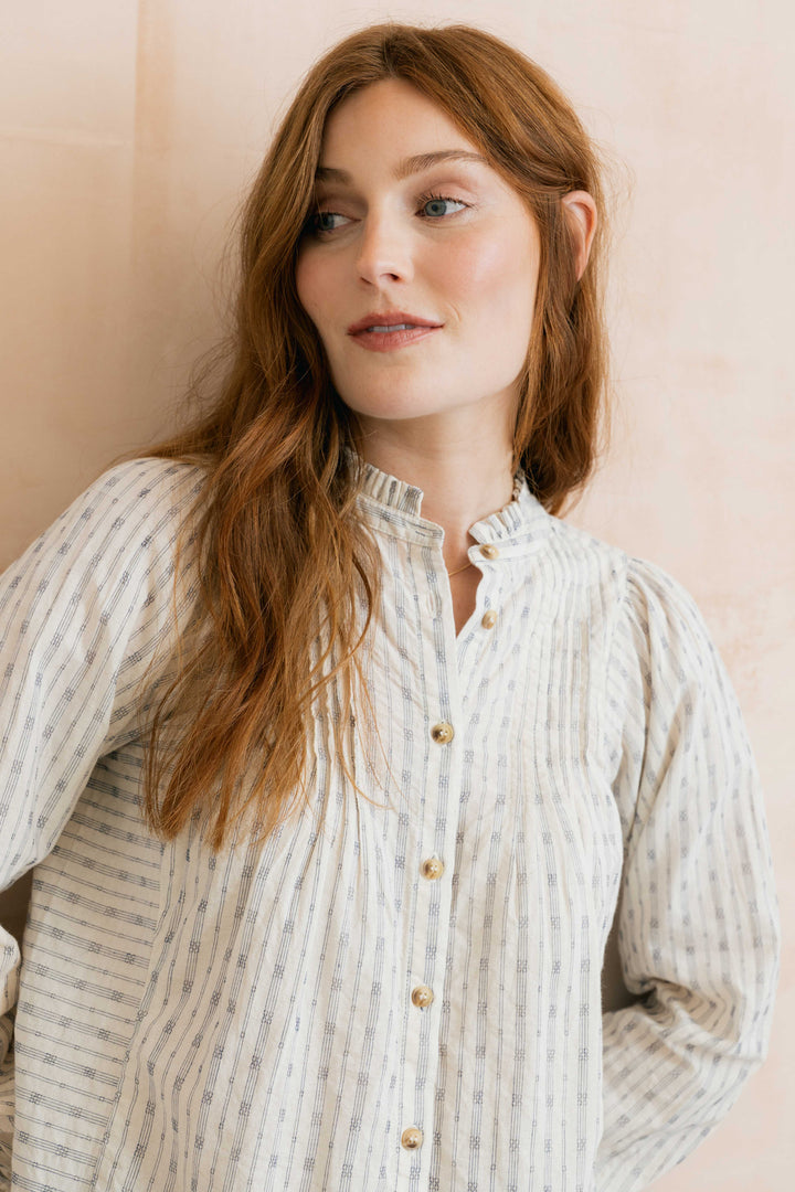 Blouse boutonné à rayures géométriques et broderies Flora - En pur coton
