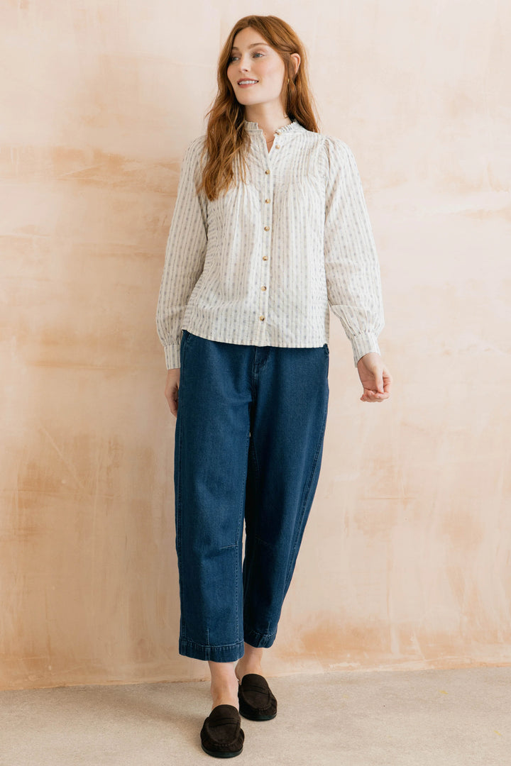 Blouse boutonné à rayures géométriques et broderies Flora - En pur coton