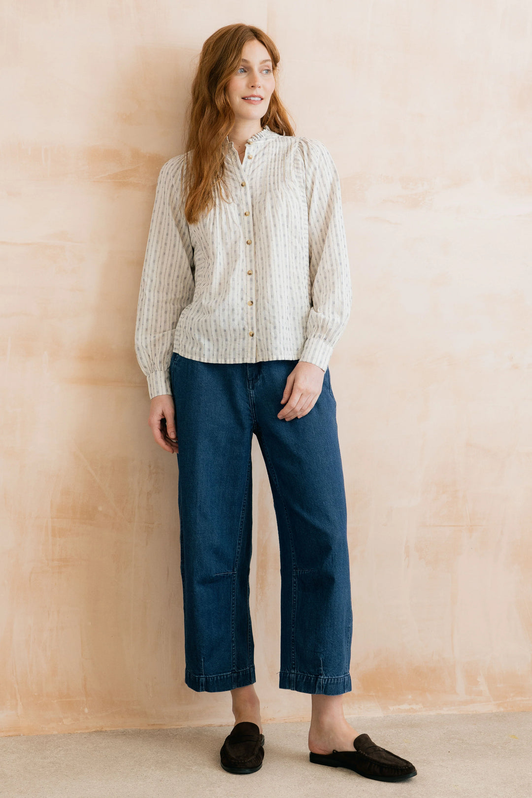 Blouse boutonné à rayures géométriques et broderies Flora - En pur coton