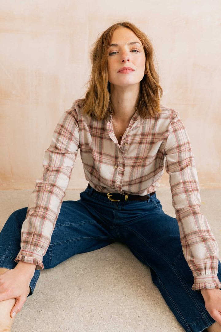 Blouse boutonné à carreaux et détails volantés Sage - En coton biologique