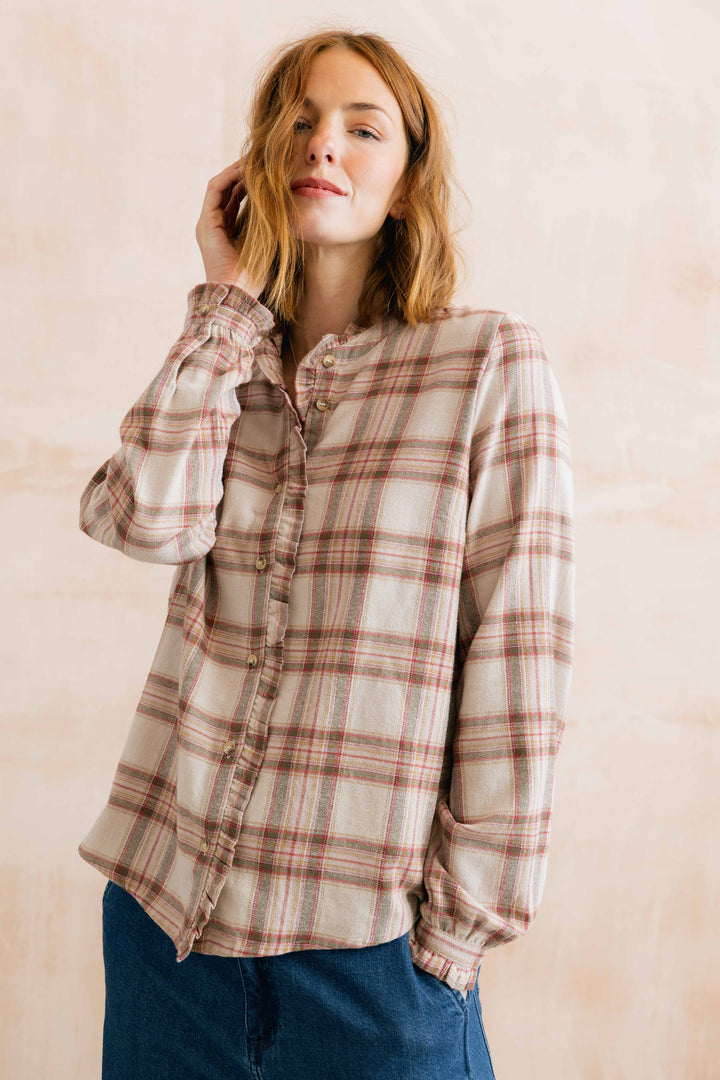 Blouse boutonné à carreaux et détails volantés Sage - En coton biologique