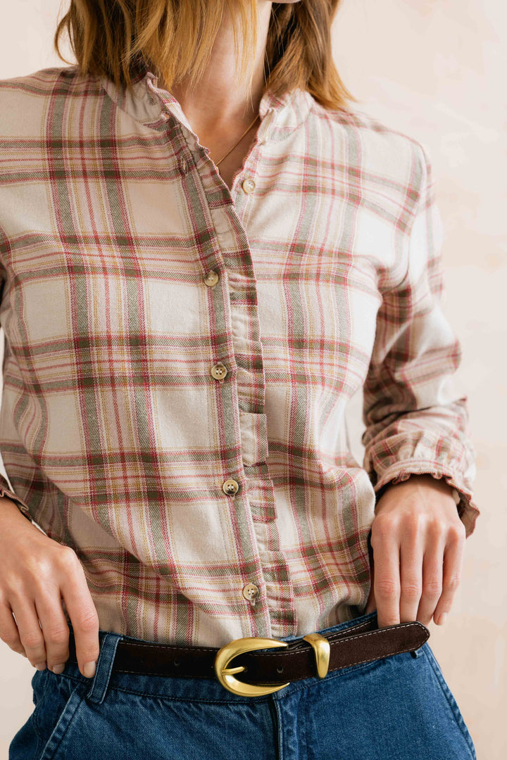 Blouse boutonné à carreaux et détails volantés Sage - En coton biologique