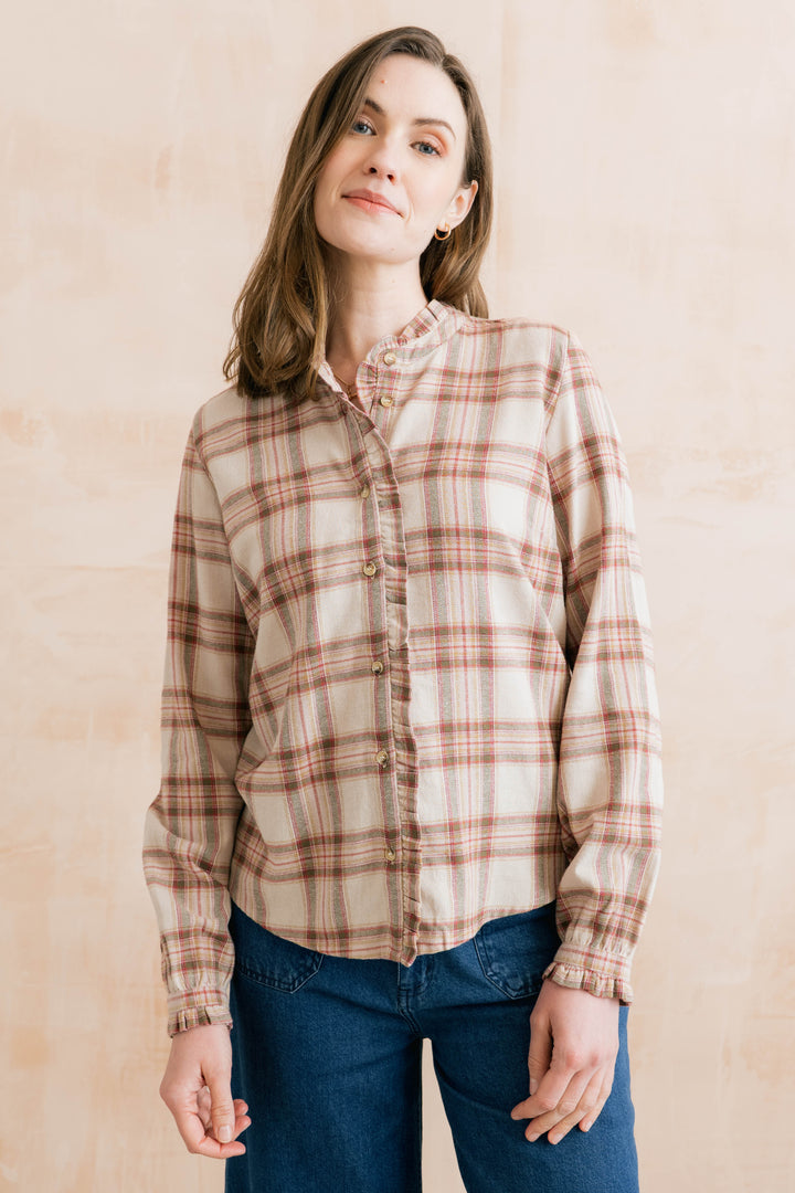 Blouse boutonné à carreaux et détails volantés Sage - En coton biologique