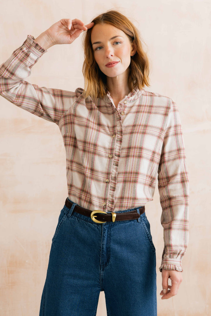Blouse boutonné à carreaux et détails volantés Sage - En coton biologique