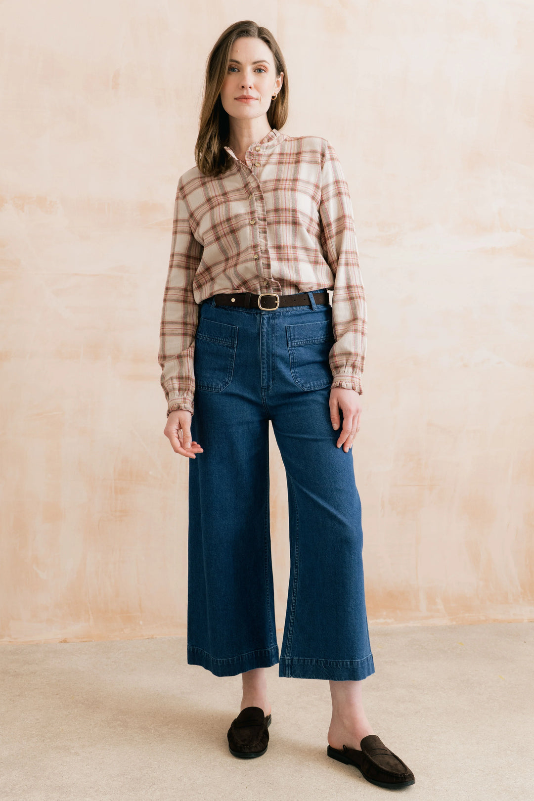 Blouse boutonné à carreaux et détails volantés Sage - En coton biologique