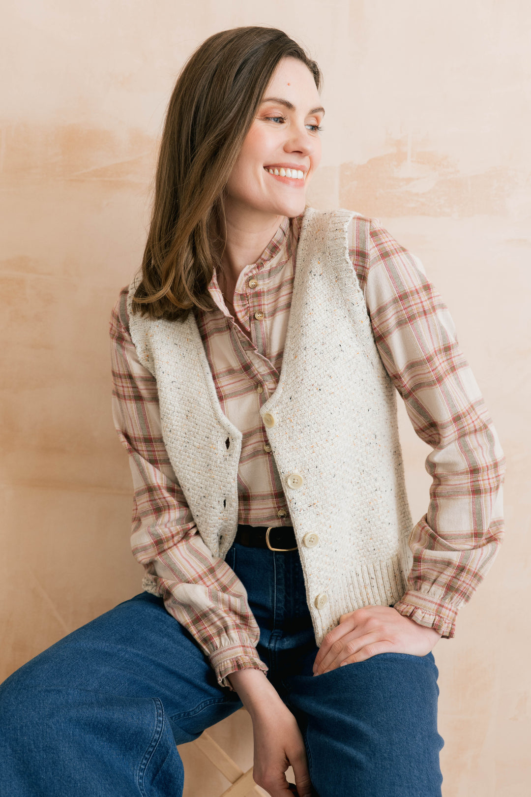 Blouse boutonné à carreaux et détails volantés Sage - En coton biologique