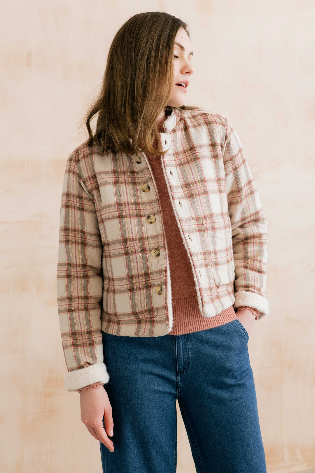 Veste réversible en coton Scarlet - Deux-en-un à col mandarin et poches pratiques