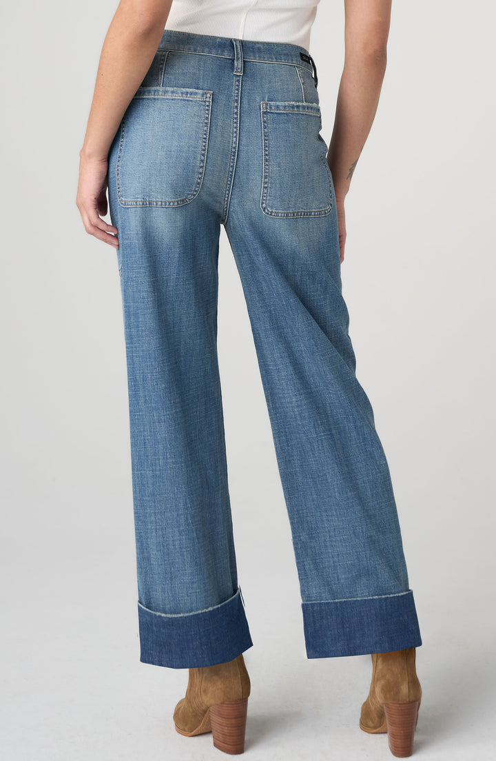 Jeans droit à revers - À taille haute et en mélange de coton