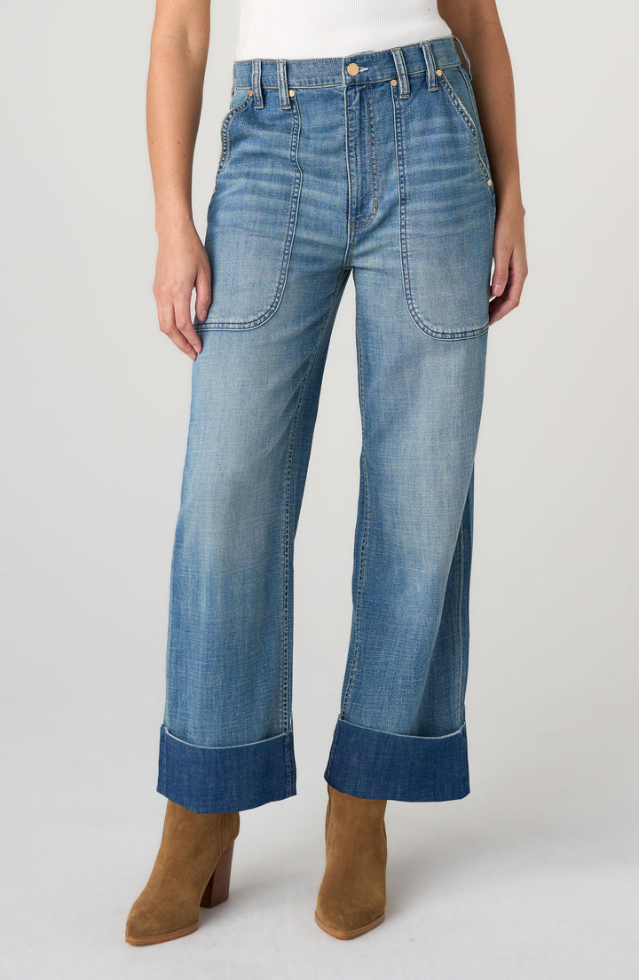 Jeans droit à revers - À taille haute et en mélange de coton