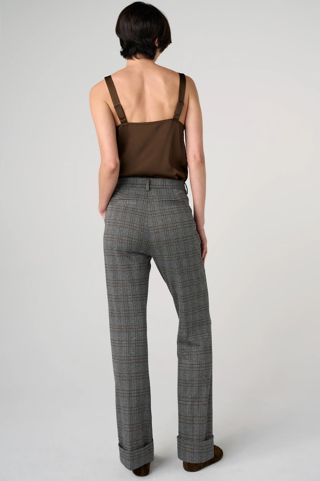 Pantalon de tailleur évasé à chevrons et carreaux - Taille haute à bas revers