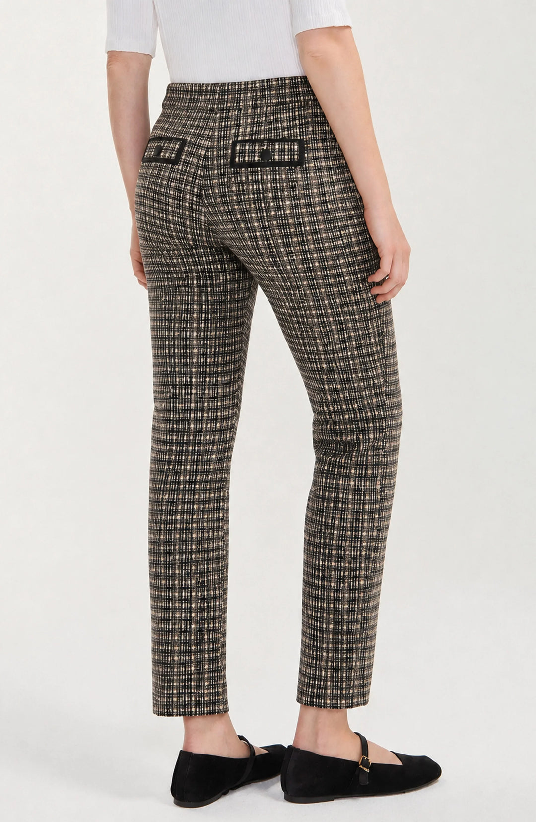 Pantalon de tailleur à carreaux et détails en cuir - Taille mi-haute à jambe droite