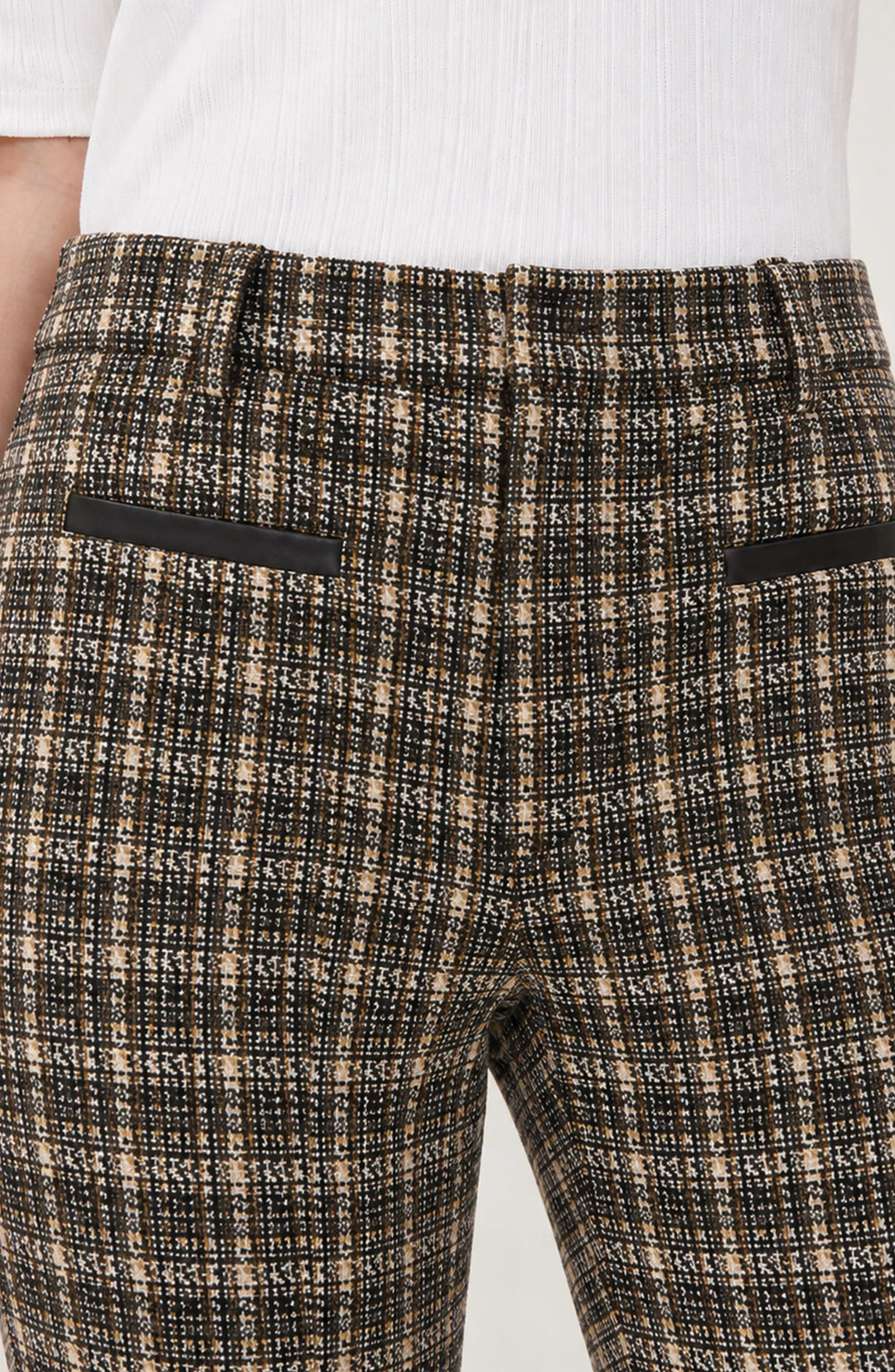 Pantalon de tailleur à carreaux et détails en cuir - Taille mi-haute à jambe droite