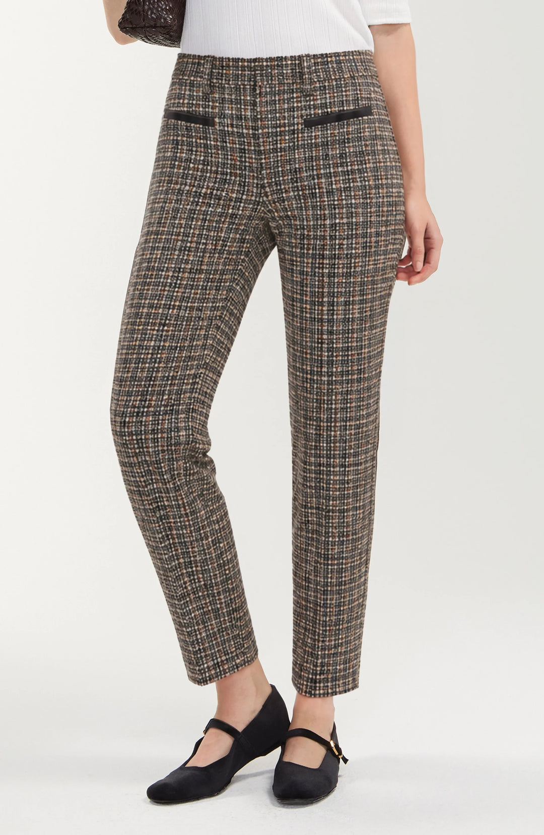 Pantalon de tailleur à carreaux et détails en cuir - Taille mi-haute à jambe droite