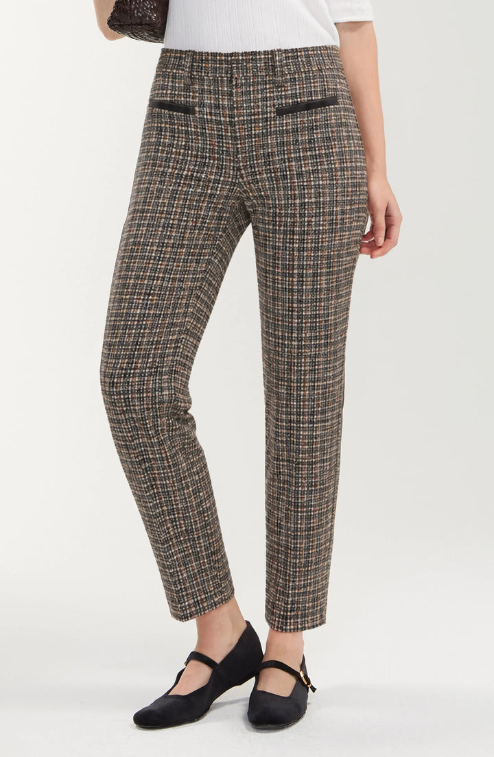 Pantalon de tailleur à carreaux et détails en cuir - Taille mi-haute à jambe droite