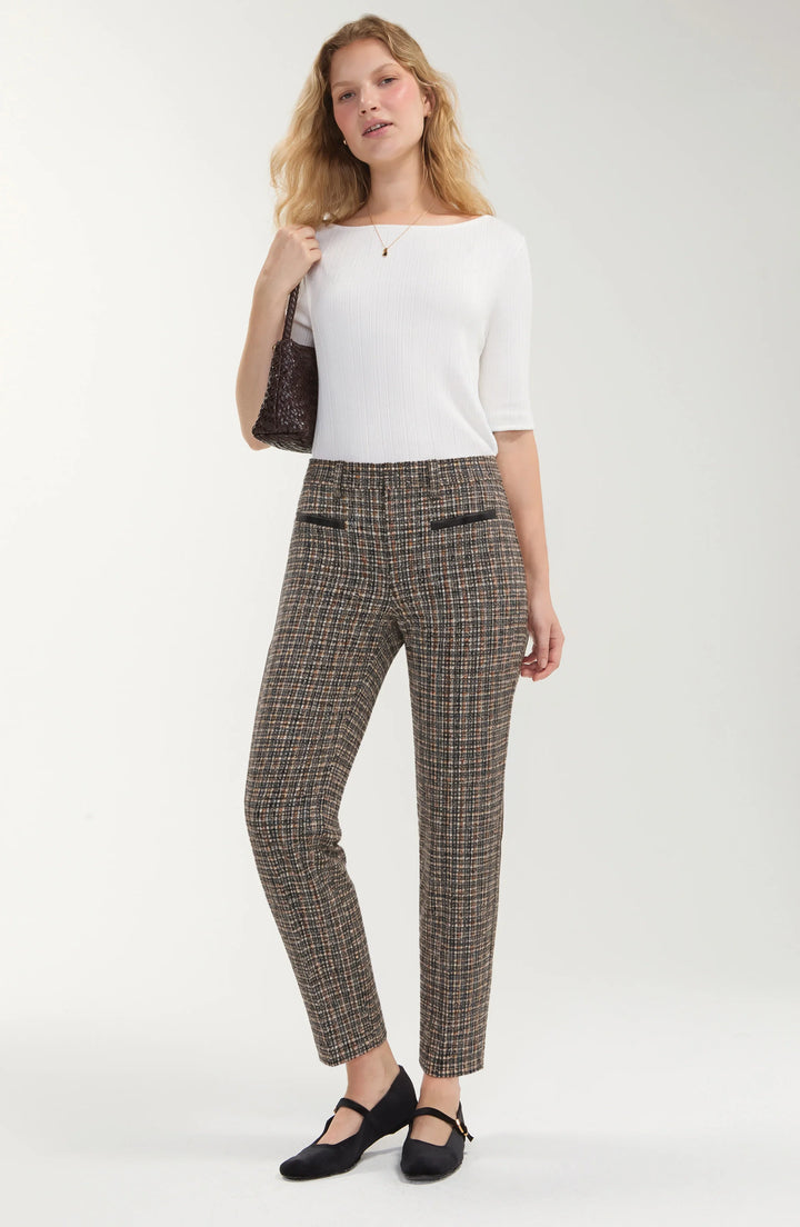 Pantalon de tailleur à carreaux et détails en cuir - Taille mi-haute à jambe droite