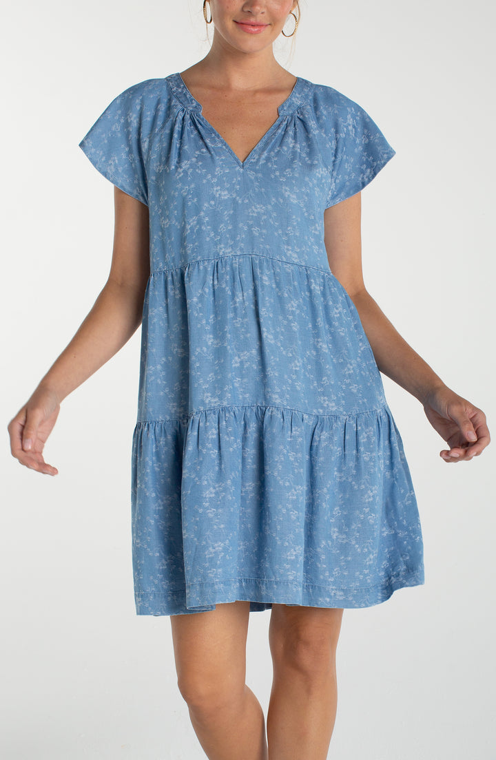 Robe à étages en lyocell à manches volantées - Denim fleuri