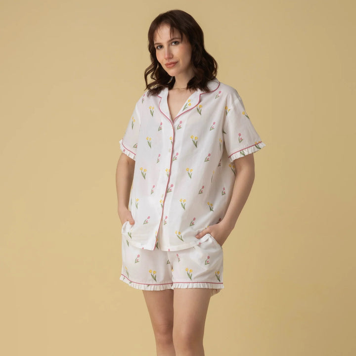 Pyjama 100% coton  - Ensemble de nuit court à col cranté