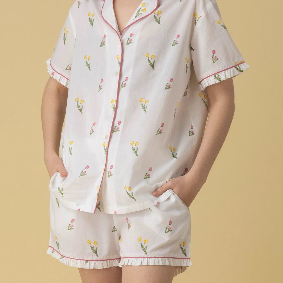 Pyjama 100% coton  - Ensemble de nuit court à col cranté