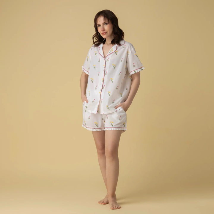 Pyjama 100% coton  - Ensemble de nuit court à col cranté