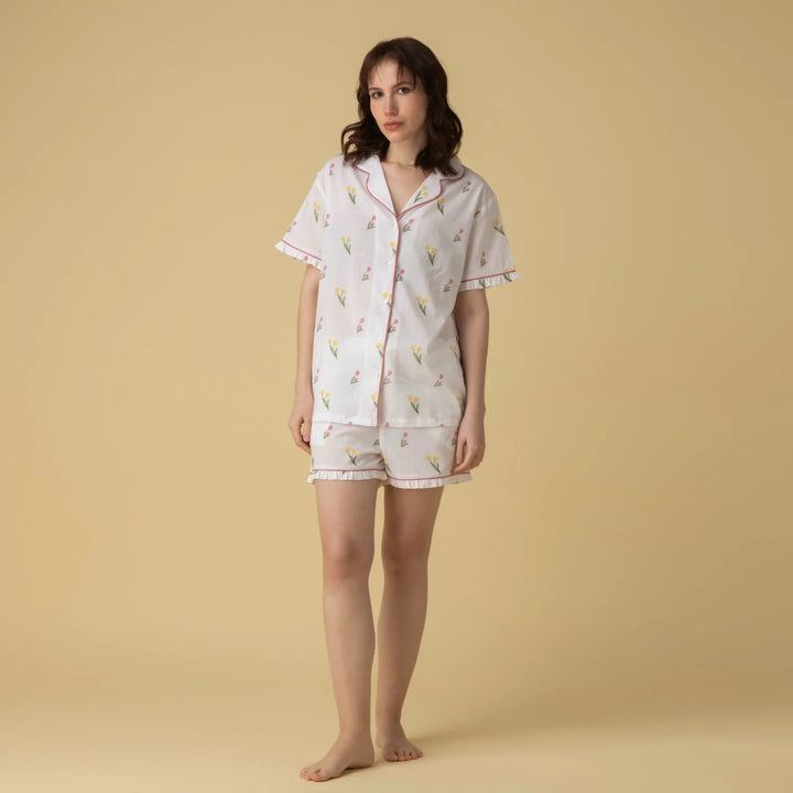 Pyjama 100% coton  - Ensemble de nuit court à col cranté