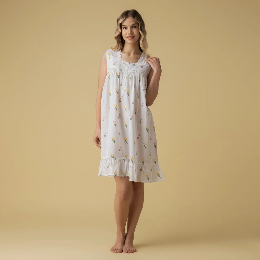 Robe de nuit - Courte et légère 100% coton à imprimé floral