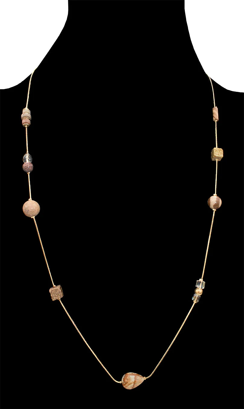 Collier long jaspe mixte et perles géométriques - Sautoir doré pierres naturelles