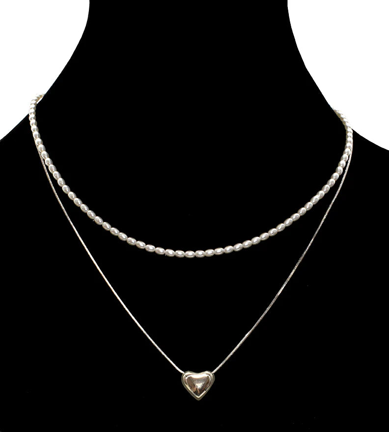 Collier double rang cœur et perles nacrées