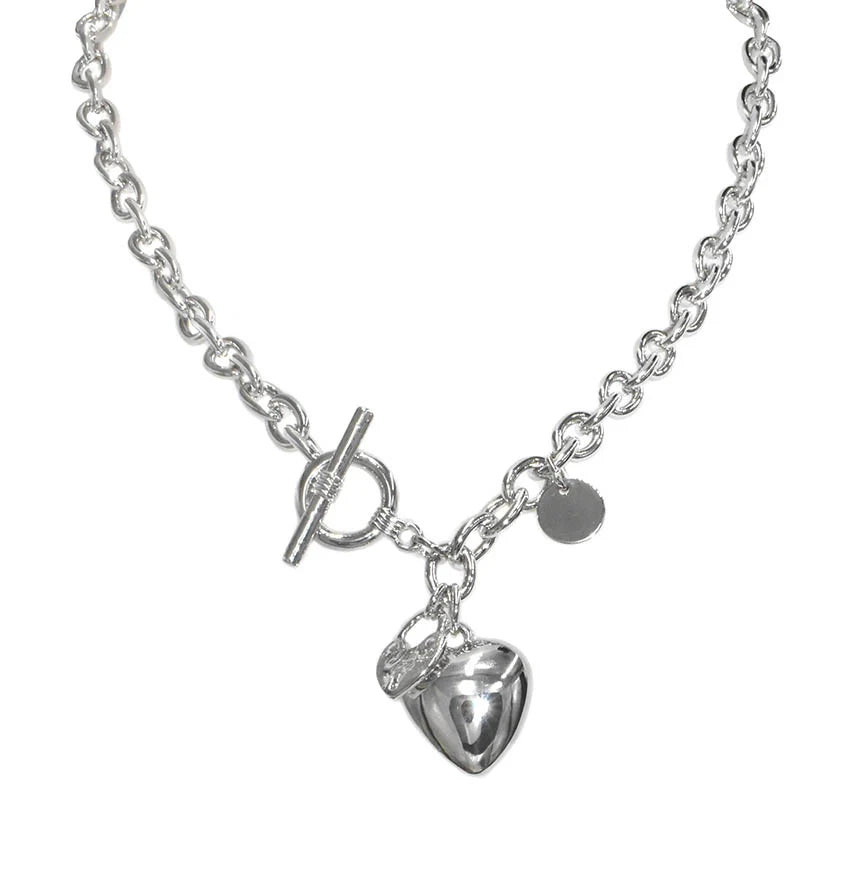 Collier chaîne argentée avec pendentif cœur - Chaîne à maillons et fermoir T