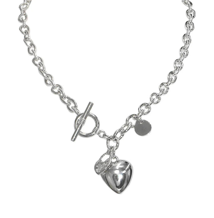 Collier chaîne argentée avec pendentif cœur - Chaîne à maillons et fermoir T