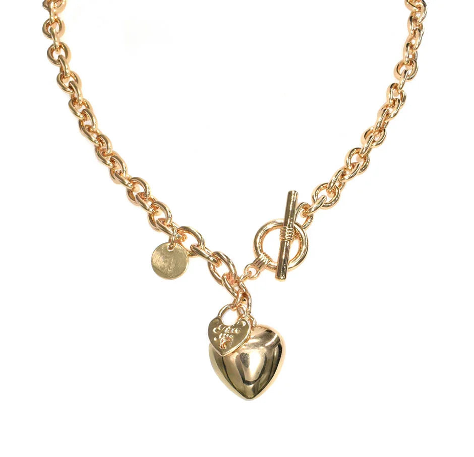 Collier chaîne dorée avec pendentif cœur - Chaîne à maillons et fermoir T