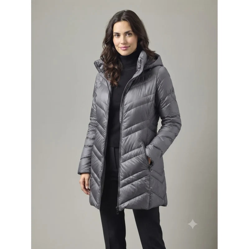 Manteau matelassé en duvet léger Phillipa - Mi-long de mi-saison à capuche amovible