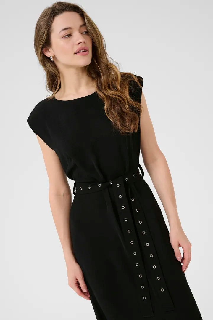 Robe maxi noire, ceinturée avec anneaux métalliques Tessa