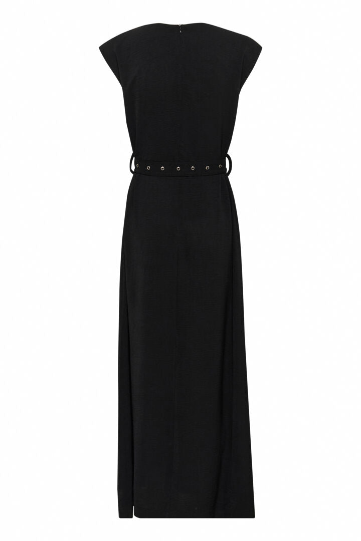 Robe maxi noire, ceinturée avec anneaux métalliques Tessa
