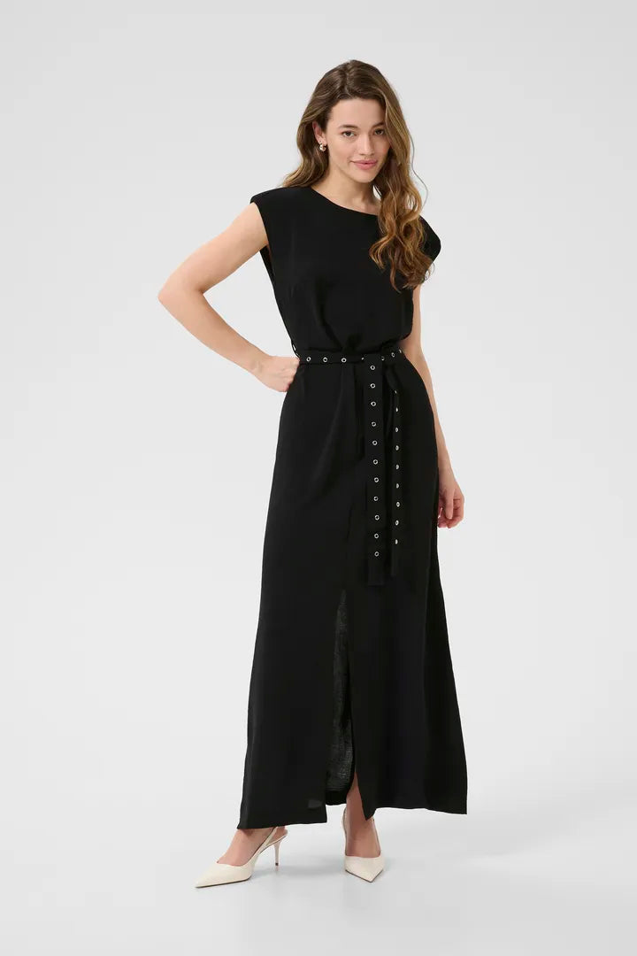 Robe maxi noire, ceinturée avec anneaux métalliques Tessa