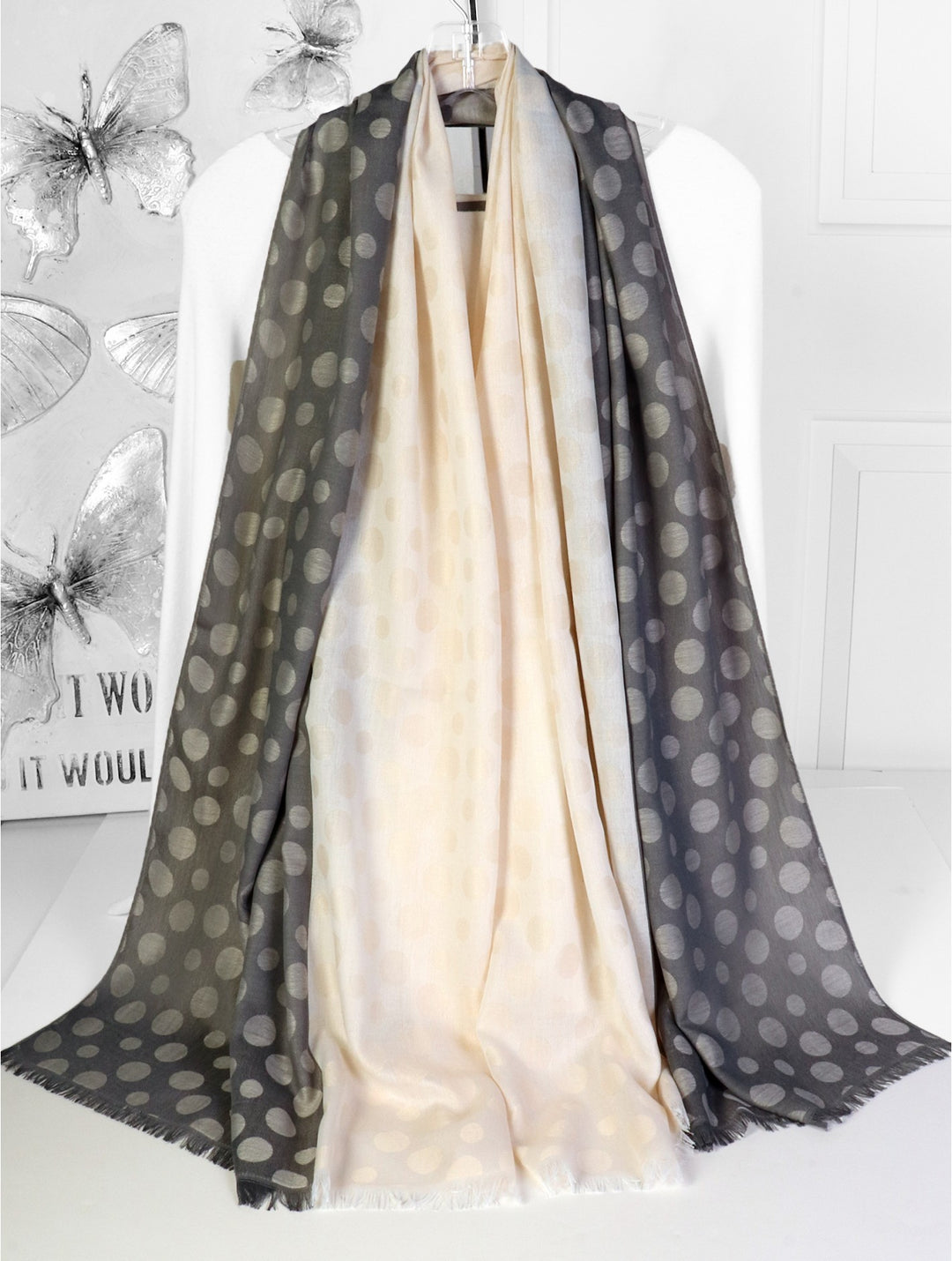 Châle à pois bicolore avec franges découpées - Mélange de coton