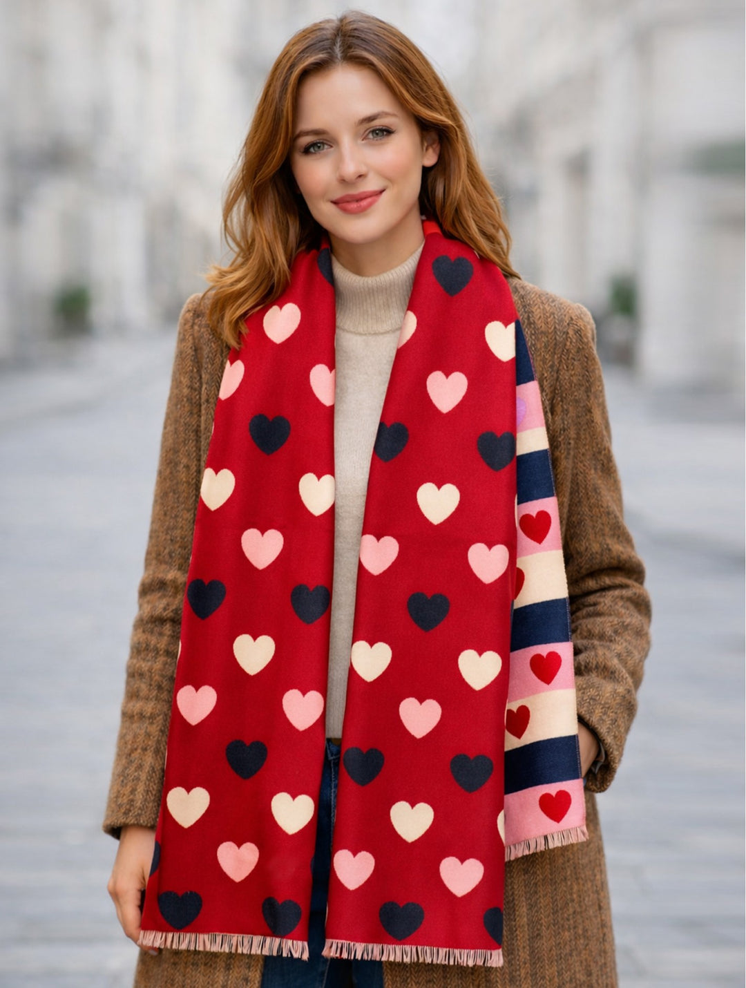 Grand foulard étole réversible à motifs cœurs - Accessoire polyvalent