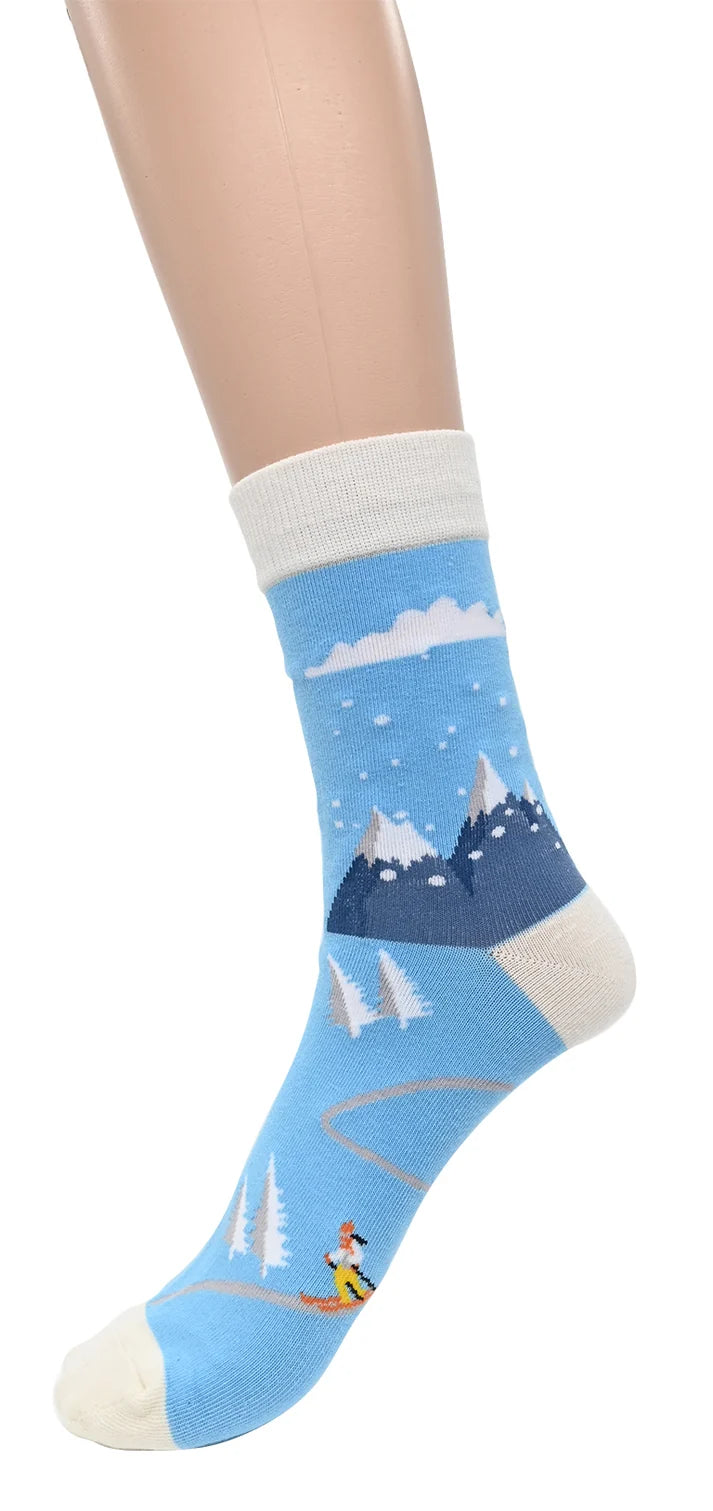 Chaussettes à motif skieur et montagne - Confortables et respirants en coton mélangé